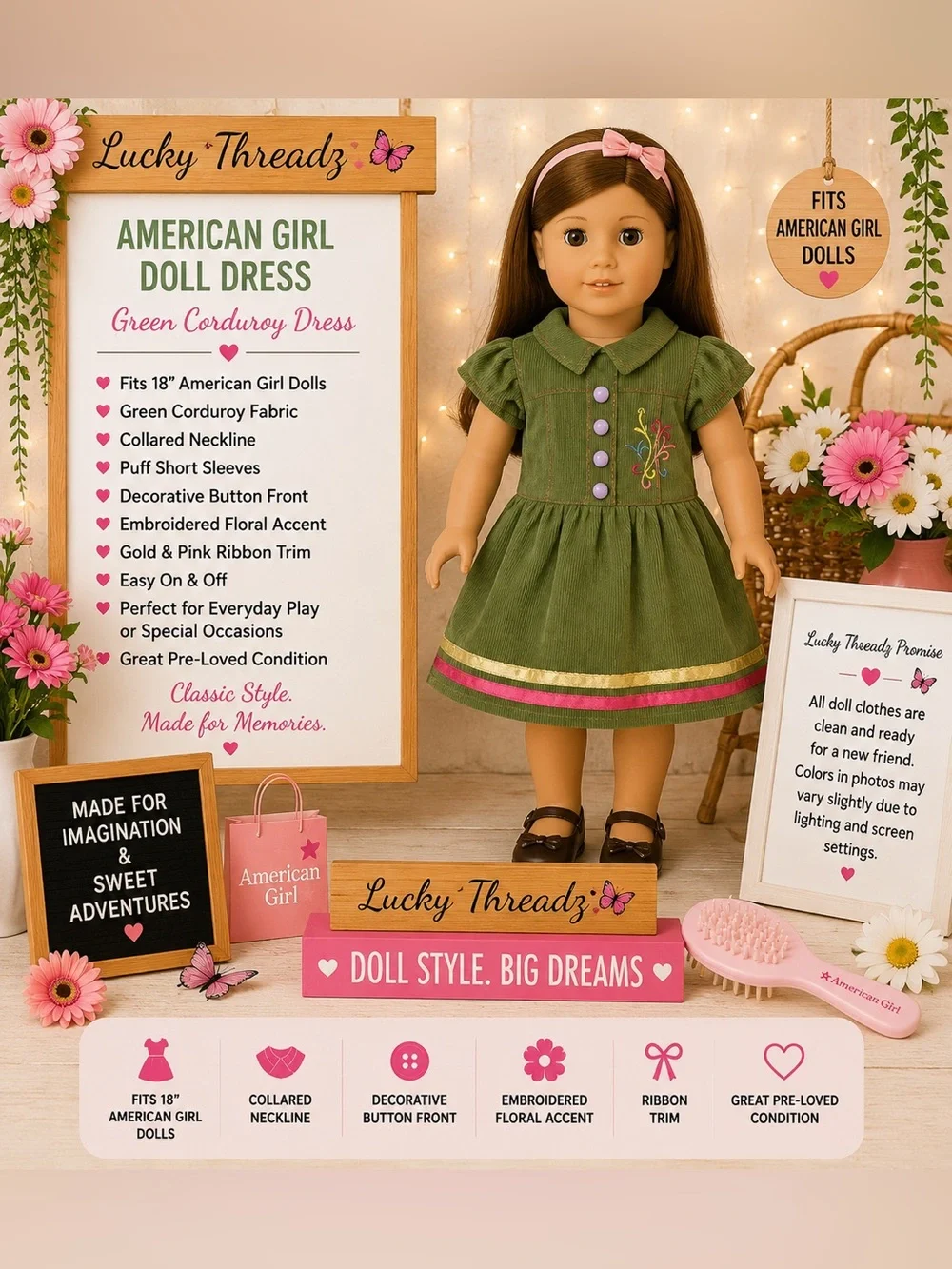 American girl Green Corduroy Doll Dress for 18